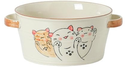 Japanese cartoon hand-drawn cream style cute ceramic large double-eared soup noodle bowl - Lucky Cat