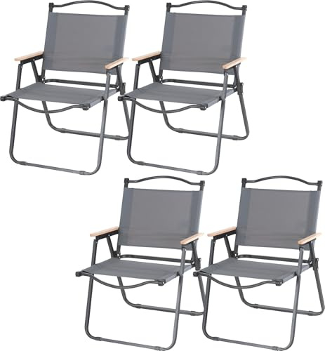 Stagecaptain Campingstuhl 4X Set faltbar leicht - Camping Klappstuhl für Garten, Balkon, Grillen - Als Angelstuhl geeignet - Festival Faltstuhl bis 120 kg - Holzarmlehnen - Campingsessel grau