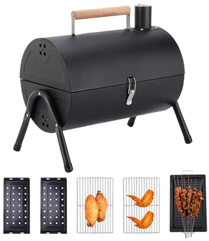 Barbecue à charbon compact avec fonction fumage - Barbecue portable en forme de tonneau pour la maison, le pique-nique, le jardin, le balcon et le camping - Parfait pour la cuisine en plein air et les