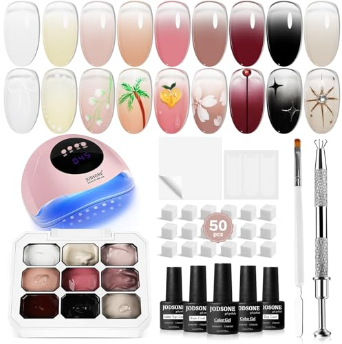 JODSONE 9 Colors Gradient Patting Gel Nail Polish Set with U V Nail Lamp with 50 PCS Nail Sponges and Grabbing Pen