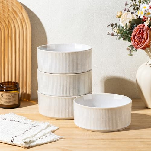 GBhome Lot de 4 bols à céréales en céramique faits à la main pour céréales, soupe, salade, bols de cuisine élégants pour repas, passent au lave-vaisselle et au micro-ondes, vernis réactif, beige