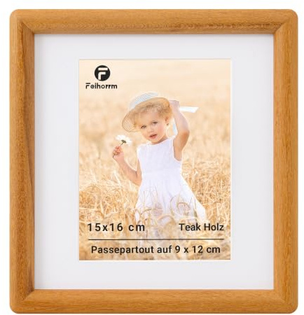 Feihorrm Bilderrahmen 15x16, Teakholz Fotorahmen mit Gehärtetem Glas | Rahmen mit Passepartout für 9x12 Foto, Bilderrahmen Holz für Wohnzimmer, Schlafzimmer, Büro, Wand & Tischbilderrahmen