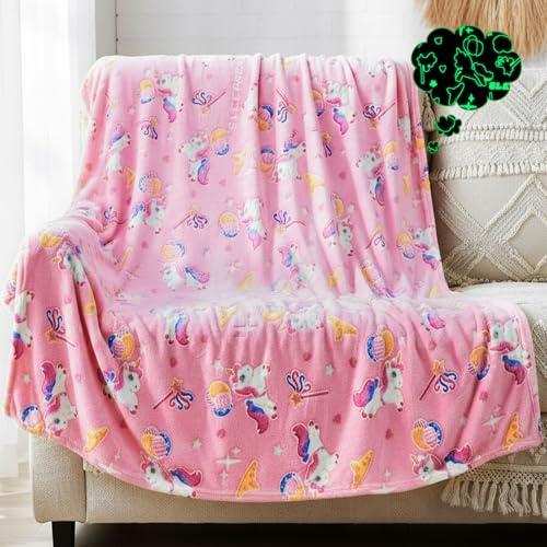 YTACREA Kuscheldecke Einhorn Flauschig, Glow in The Dark, Flanell Kinder Rosa Kuscheldecke für Mädchen Junge 2-12 Jahren, Kuscheldecken für Sofa, Reise, Bettwäsche Leuchtet im Dunkeln, 150*200cm