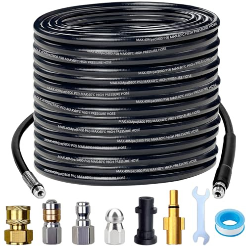 30M/98.5FT 5800 PSI/400Bar High Pressure Washer Hose Drain Cleaning Kit with 3 Adapters & 3 Nozzles,Sewer Jet Hose Kit is Compatible with Most Pressure Washer Guns and is Kink-Resistant