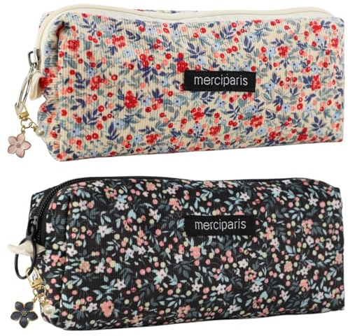 SPOKKI 2 Stück Federmäppchen im Retro-Stil,Hochwertiges Federmäppchen aus Cords,Inklusive passendem Kirschblütenanhänger,Tragbares Mäppchen für Kosmetiktasche, Schlüsseletui, Münzbeutel