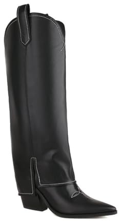 WOkismD Stivali da Donna Alti al Ginocchio con Tacco Largo, Punta Affusolata e Scollatura a V, Stivali da Equitazione Alti Slip-on,Nero,36 EU