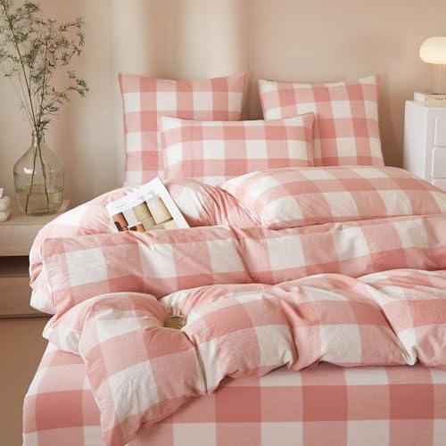 Boqingzhu Bettwäsche 135x200 cm Rosa Weiß Baumwolle Kariert Oeko-TEX | 100% Gewaschene Baumwolle Bettwäsche-Sets mit Leinenartigem Griff Enthält 1 Bettbezug 135x200 und 1 Kissenbezug 80x80