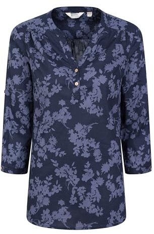 Mountain Warehouse Petra Printed Womens 3/4 Sleeve Shirt - Lightweight, Breathable & Relaxed Fit Cotton Tee Top - for Spring Summer, Outdoors, Holiday & Hiking Navy Women's Size 12