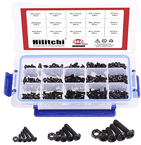 hilitchi 460-piece M3 M4 M5 Button Kopf Innensechskant Kopf Cap Schrauben Schrauben Muttern Sortiment Kit – 12,9 Legierung Stahl