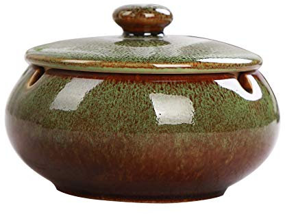 Garden Ceramics Ashtray with Lid Outdoor Indoor,Height 8 cm Diameter: 11 cm,Green