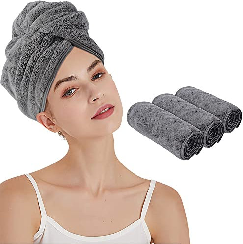 KinHwa Asciugamani Turbante Magicamente Assorbente Turbante Microfibra per Capelli Asciugatura Rapida e Super Soft con Bottone 25cm x 65cm 3 Pezzi - Grigio