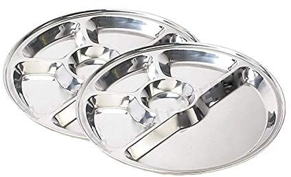 WhopperIndia Stainless Steel 5 Compartment Round Plate, Thali, Mess Tray, Dinner Plate,Restaurant Steel Plates, Outdoor Comping Plates - Set of 2-12.8 Inch