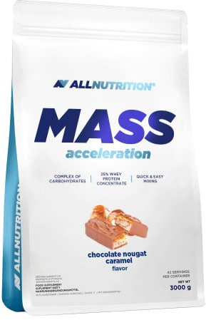 ALLNUTRITION Mass Acceleration Gainer Nahrungsergänzungsmittel - Kohlenhydrat- und Tierisches Protein Pulver für Muskelaufbau & Leistungssteigerung - Glutenfrei - 3000g - Nougat Caramel