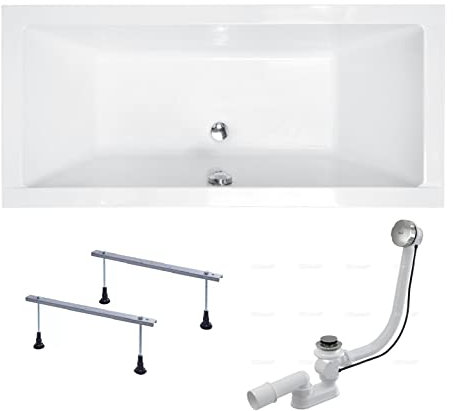 BADLAND Badewanne Original Weiß Acryl Wanne Rechteck QUADRO 170x75 KOMPLETTSET SET + Füßen und Exklusive Chrom Automatik Ablaufgarnitur Made in EU 3in1