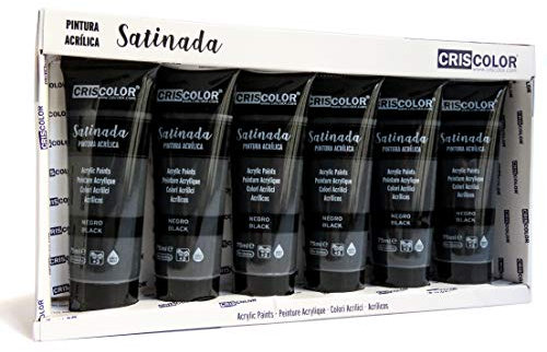 Pintura Acrílica para trabajo artístico y manualidades - PACK 6x75ml - Papel, Lienzo, Madera, Cerámica. Principiantes, Estudiantes y Artistas profesionales (NEGRO)