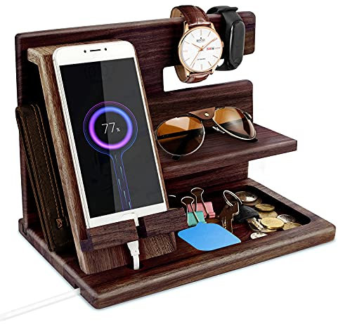 Geschenke für Männer Geburtstag Holz Telefon Dockingstation Uhren Geldbörsen Nachttisch Organizer Weihnachten Männer Geschenk, Geburtstagsgeschenke für Männer oder Vater Schreibtisch Organizer Holz