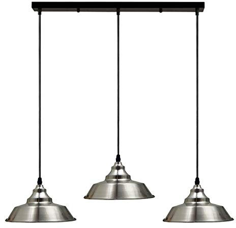 LEDSone Vintage Metal 3 Head Light Industrial Pendant Metal Shade, Hanging Ceiling Light E27 Holder Fitting with 50cm Ceiling Plate (Satin Nickel)