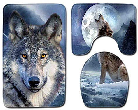 CNNINHAO rutschfeste 3 Teilig Badteppich Set, Badezimmer Teppich U-förmigen Contour Matte und WC Vorleger Badematte Soft Waschbar Badvorleger (45 x 75cm,Wolf)