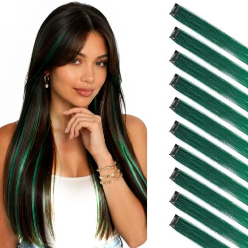 10Pcs 20 Rainbow Color Straight Hair Extensions Clip in Multi-Color Synthetic Coloured Clip on Hair Extension Party Highlights Hairpiece #Black&Light Green