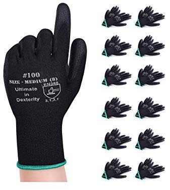 Donfri 12 Pairs PU Coated Safety Work Gardening Gloves Men High Performance EN388 Black Non-slip Protective Handling Gardening Builders Mechanic Breathable Washable (M/8)