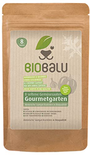 Biobalu Gourmetgarten Bio - 8 Alte Sorten - Historisches Saatgut Set Gemüse, Samen Raritäten in Bioqualität, Samenfeste & Seltene Gemüsesorten für Freiland, Gewächshaus & Balkon - Geschenkset