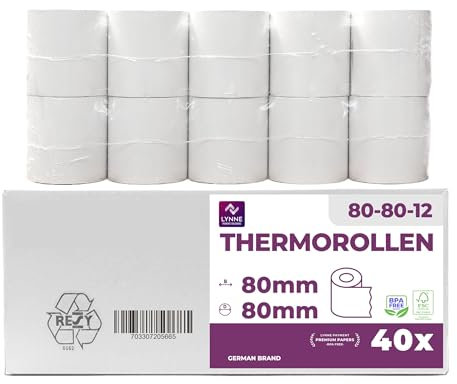 Thermorollen 80mm x Ø80mm x 12mm – Bonrollen BPA-frei – Kassenrollen für Thermodrucker & Bondrucker – Thermopapier – passend für Geräte mit Papierbedarf bis 80 m – 40 Rollen