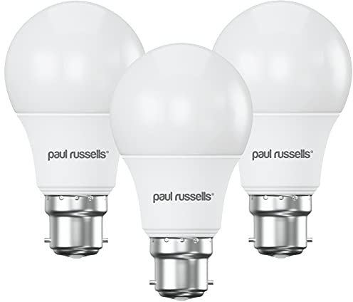 paul russells LED GLS Light Bayonet Cap BC, 60w Equivalent, 8watt 806LM LED Bulbs, 2700K Warm White Lamp, Classic Frosted A60 Standard B22 Energy Saving Non-Dimmable Large Globe Lightbulbs, 3 Pack