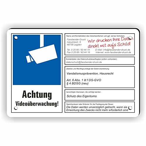 Fassbender-Druck SCHILDER - VIDEOÜBERWACHT DSGVO (BDSG) konform vorgebohrtes Schild zum Markieren eines videoüberwachten Bereiches - Videoüberwachungsschild mit Bohrlöchern - (15x10cm SCHILD)