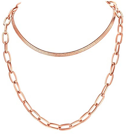 Bestyle Rose Gold Layered Necklace 3mm Snake Chain Choker + 6mm Paperclip Necklace Women Dainty Necklaces Set