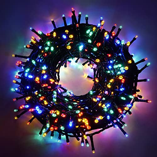 Luccika stringa natalizia con luci a led su cavo verde per uso interno ed esterno controller 31V con 8 giochi di luce e memoria (Multicolore, 50 Metri con 1000 Led)