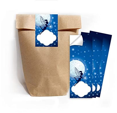 Junapack 12 Geschenktüten (Natur) + 12 Aufkleber Fee für Mitgebsel Gastgeschenk beim Kindergeburtstag Mädchen