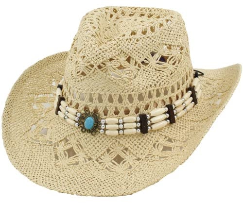 Sombrero de Cowboy de Paja Vaquero Panamá con Banda Occidental Unisex Talla Única Hombre Mujer para Verano Coachella Playa al Estilo Country Brasileño Bohemia Indiana Rafia Natural (XH-12503-BEIGE)