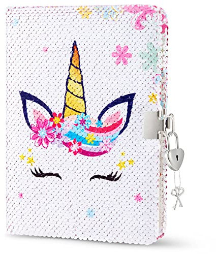 WERNNSAI Unicorn Sequins Notebook - Rainbow Unicorn Journal for Girls with Locks Keys Unique Gift A5 Diary Notebook for Travel School Office Notepad Memos to Keep Secret Privacy