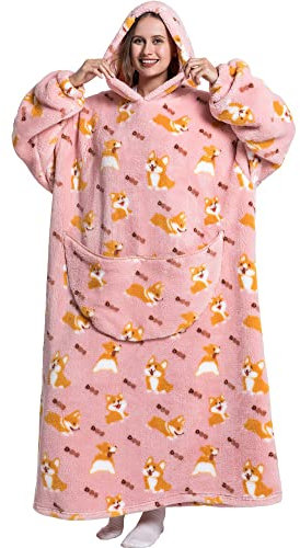 Kuscheldecke mit Ärmeln Oversized Pullover Damen Riesige Fronttasche Plüsch Tragbare Decke Verlängert Decken Hoodie Warme Schlafanzug Hausanzug Deckenpullover für Camping(Einheitsgröße,Corgi)