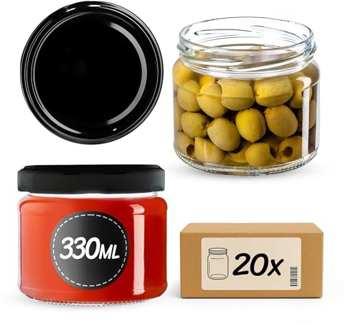KADAX 20er Set Marmeladengläser 330ml TO82 Schwarz, Einmachgläser Vorratsgläser Mason Jar mit Schraubdeckel, Luftdichte Schraubgläser, Honig & Konfitüre