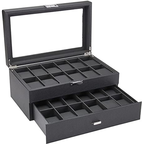 Uhren Aufbewahrungsbox Uhrenbox Uhrenkoffer Kohlefaser-PU-Leder 2 Schichten 24-Gitter-Uhrenaufbewahrungsbox Mit Schublade Abschließbarer Schmuckhalter-Vitrine Uhrenkasten Uhrenschatulle Uhrenhalter