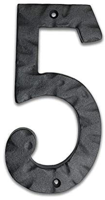 NACH Matte Black Hammer Tone Cast Iron House Number for Outside or Inside, Metal Modern House Numbers For Mailbox, Front Door, Maximum Rust Protection, 6 inch, Number 5, KE-HM6-BLK-5