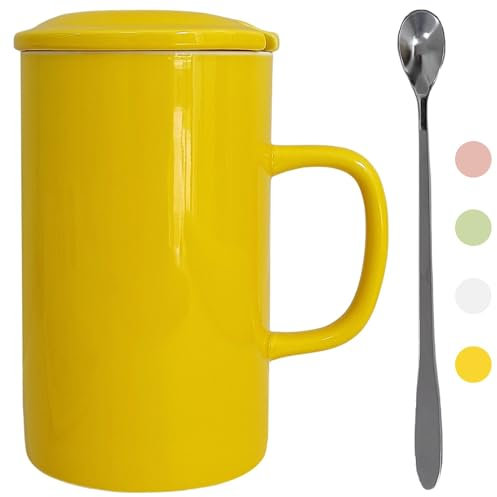 NIUKOMY Taza de Té Extra Grande, 900 ML Copa Big Mug de Porcelana, Tazas de Cerámica Muy Grande, Taza Gigante Café con Cuchara y Tapa, XXL Taza Amarillo