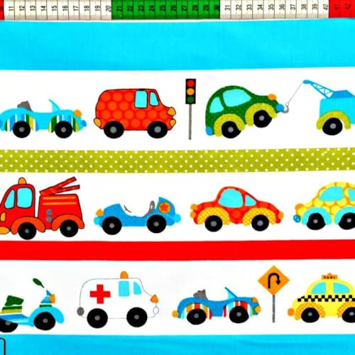 Textrend Baumwollstoff Meterware - Stoff zum Nähen - 100% Baumwolle - Textilien 1x1.6m - Kinderstoffe - Fahrzeuge (Gestreifte Autos auf weißem Hintergrund)