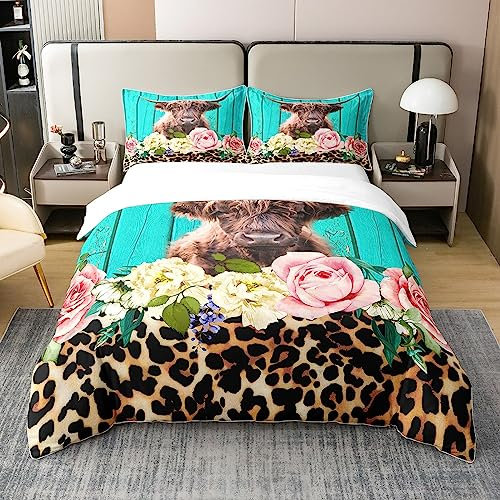 Loussiesd Highland Cow 100% Baumwolle Bettwäsche Set 135x200cm Highland Cattle Bettbezug Set Baumwolle Bettwäsche Set Rose Floral Blume Leopard Bettwäsche-Set