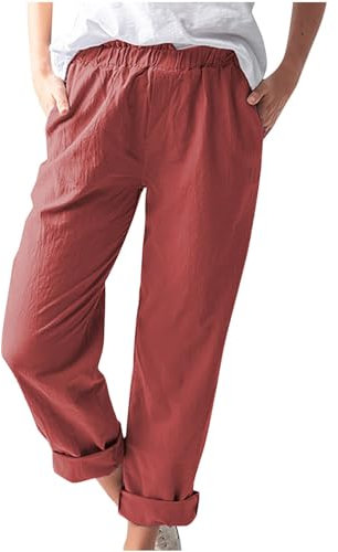 Jogginghose Damen Lockere Lässige, Leinenhose Leicht Luftig, Stoffhose Elegante Schicke, Sommerhose Mit Gummizug, Hose Aus Leinen, Einfarbig, Elastische Taille, Tasche, Hohe Taille, Gerade Hose