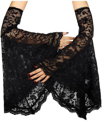 keland Gothic Armstulpen Spitze Handschuhe Spitzenhandschuhe Lang Halloween Vampir Hexe Cosplay (Schwarz-004)