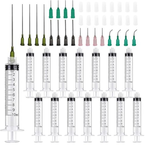 16 Pcs Plastic Syringe with Blunt Needle - 10ml Luer Lock Syringes with Caps - Glue Applicator for Rhinestones, Food, Ink, Perfume, Wood Glue, Plant Lab