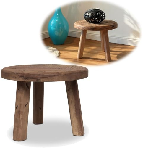 LS-LebenStil Holz Pflanzenhocker 30x25cm | Recycelt Altholz | Braun | Rund | Exklusives Indian Roadwood | Fußbank Bänkchen Fußhocker Tritthocker Beistellhocker kleiner Hocker zum Sitzen Kinderzimmer
