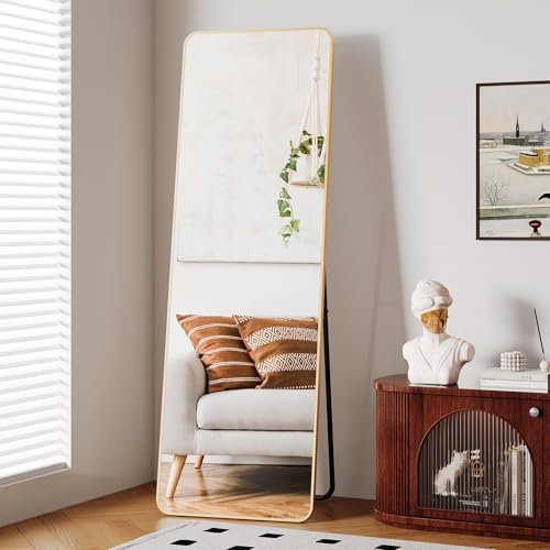 Clevich Ganzkörperspiegel 162 x 53cm mit Aluminiumrahmen Metall Ständer Standspiegel HD Groß Wandspiegel mit Haken Ganzkörperspiegel Wand Spiegel für Wohn Schlaf Ankleide Bad Flur Runden Ecken Gold