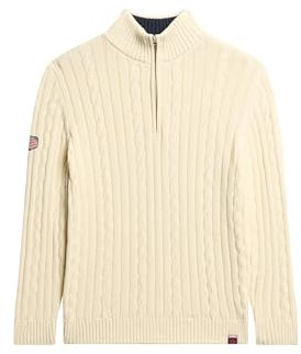 Superdry Damen Rugby-Strickpullover mit halblangem Reißverschluss Zopfmuster Creme 38