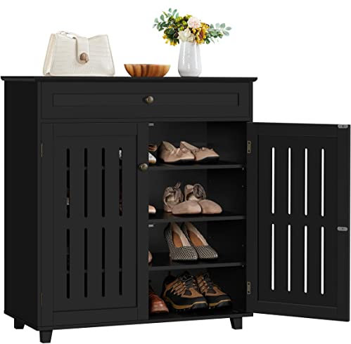 Yaheetech Meuble à Chaussures avec Tiroir et Etagères Réglables à 4 Niveaux en MDF et Métal pour Entrée Dressing Chambre Couloir Noir 78 x 37 x 86 cm