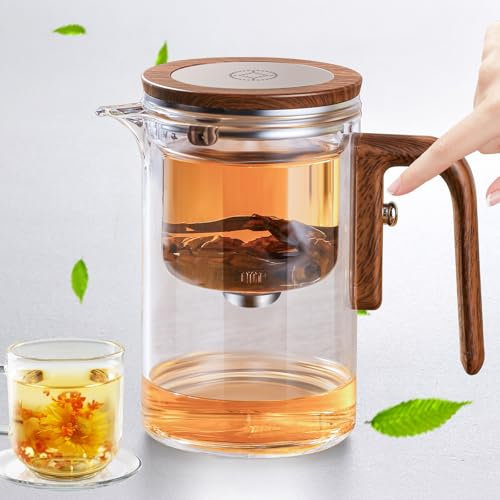 Magic Tea Pot with Handle - Water Separation Glass Teapot for Separate The Teawater, Ergonomic Wood-Effect Silicone Grip Design, and Versatile Brewing of Tea and Coffee (600ml)