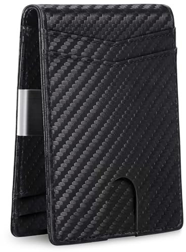 PEAKGEAR Cartera para hombre con protección RFID, cartera delgada de carbono negro, cartera con pinza para billetes y compartimento para monedas, cartera con 12 compartimentos para tarjetas de