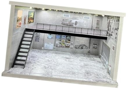 Amagogo Garage Vitrine 1/64 1/36 1/32 Maßstab Fahrzeug Garage Vitrine Schutzbox Parkplatz Doppelschicht für Druckgussauto, Graue Linke Treppe
